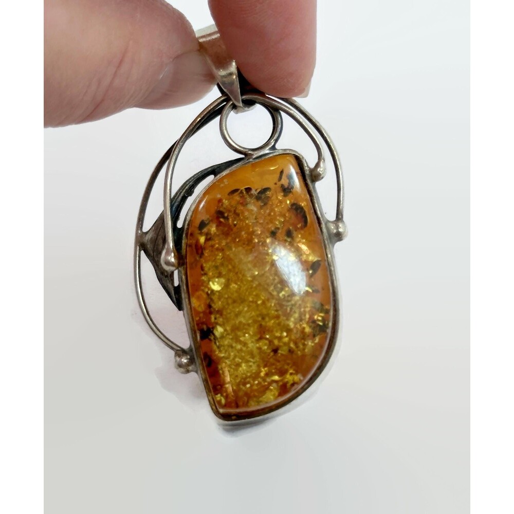 Amber Pendant, Sterling Silver, Large Stone, Modern, Contemporary, Vintage